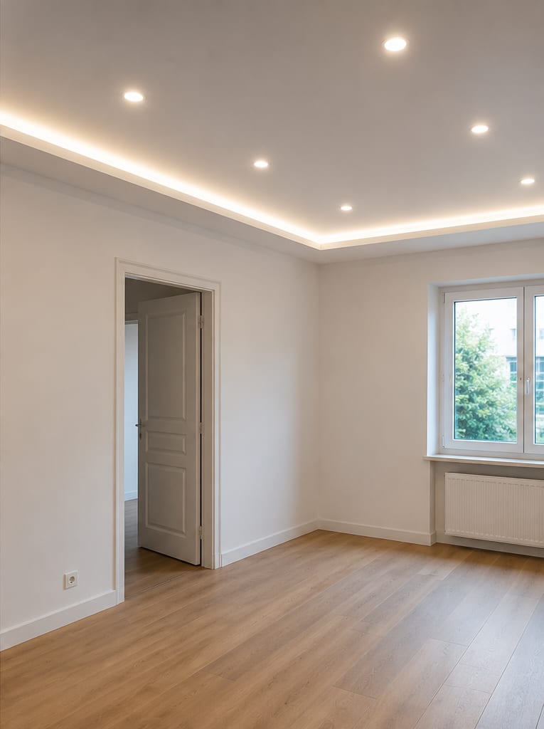 Pièce éclairée par spots et ruban lumineux après travaux